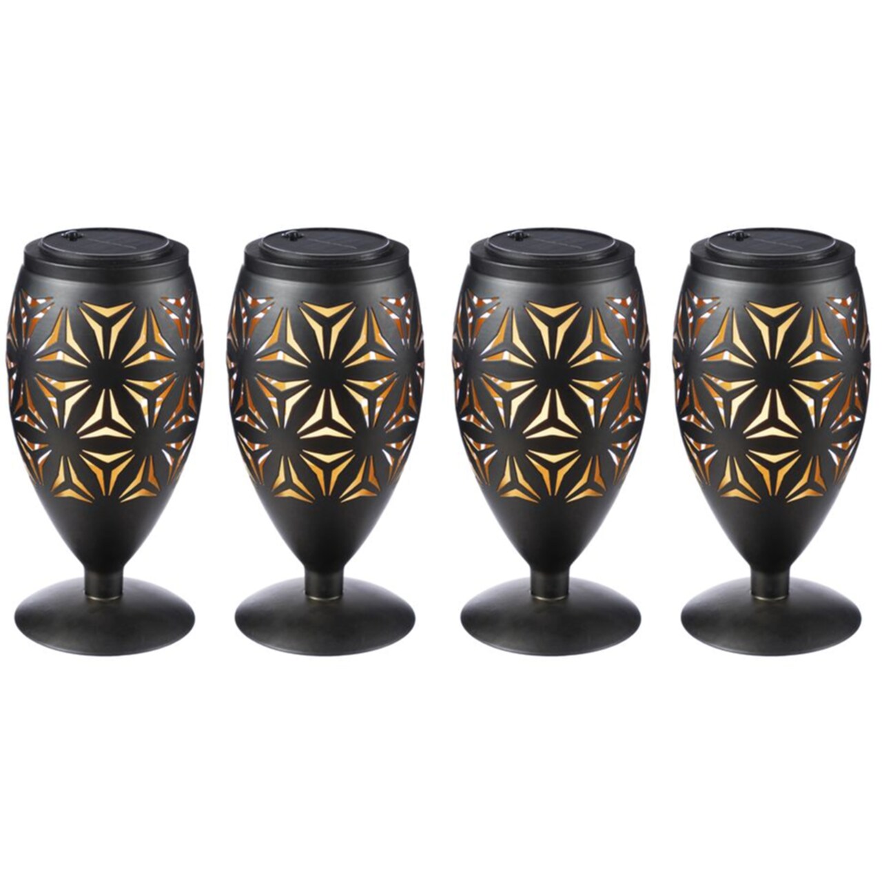 8.75"H Set of 4 Black Metal Cutout Geometric Pattern Solar Powered Outdoor Lantern with LED Light